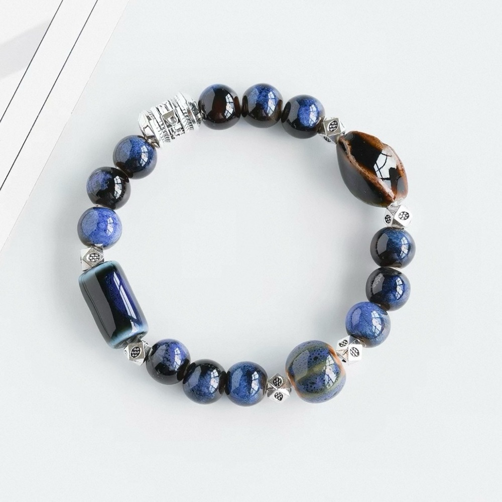 Blue and Black Beaded Stretch Bracelet